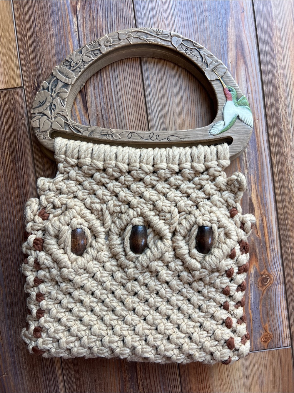 Handmade Macramé Purse with Wood Handles and Bead Accents